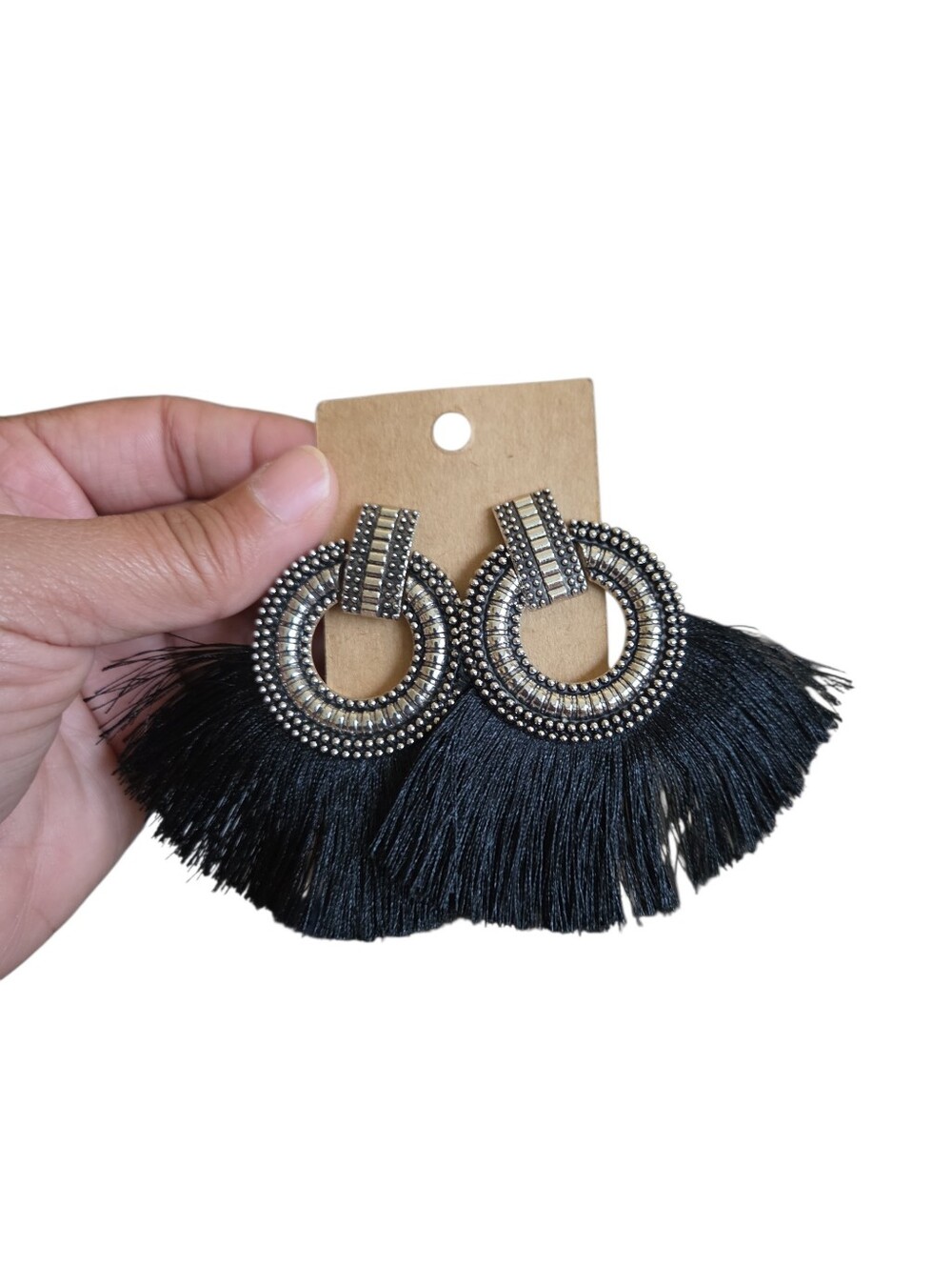 Silver Toned Aztec Black Fan Tassel Post Earrings
